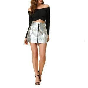 NWT Allegra K Silver Metallic Shiny Holographic Zipper Mini Skirt XL
